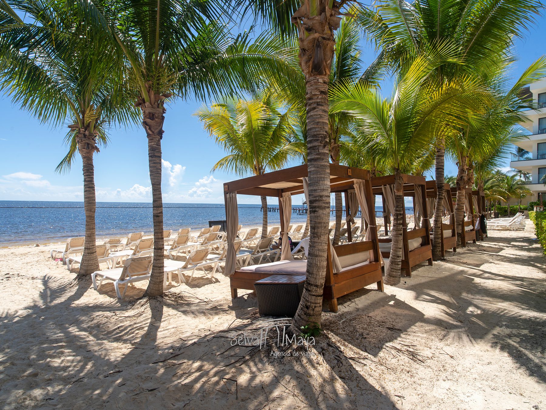 Camas balinesas en la playa entre palmeras en Sensira Resort Riviera Maya