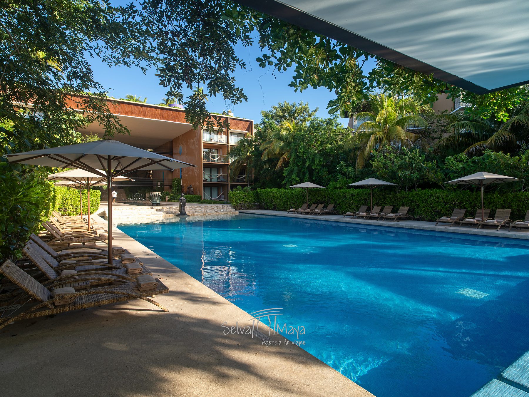 Alberca y edificio de suites entre jardines