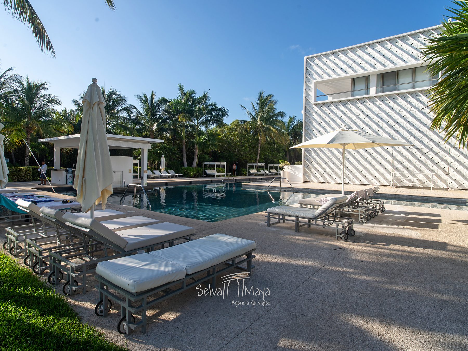 Alberca con camastros y bar de la piscina Platinum en Platinum Yucatán Princess